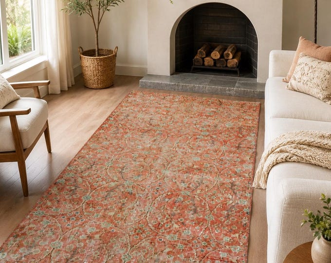 Vintage Turkish Isparta Rug, Handwoven Wool Allover Floral Vine, Distressed Terracotta Mint, 3x5.6 ft