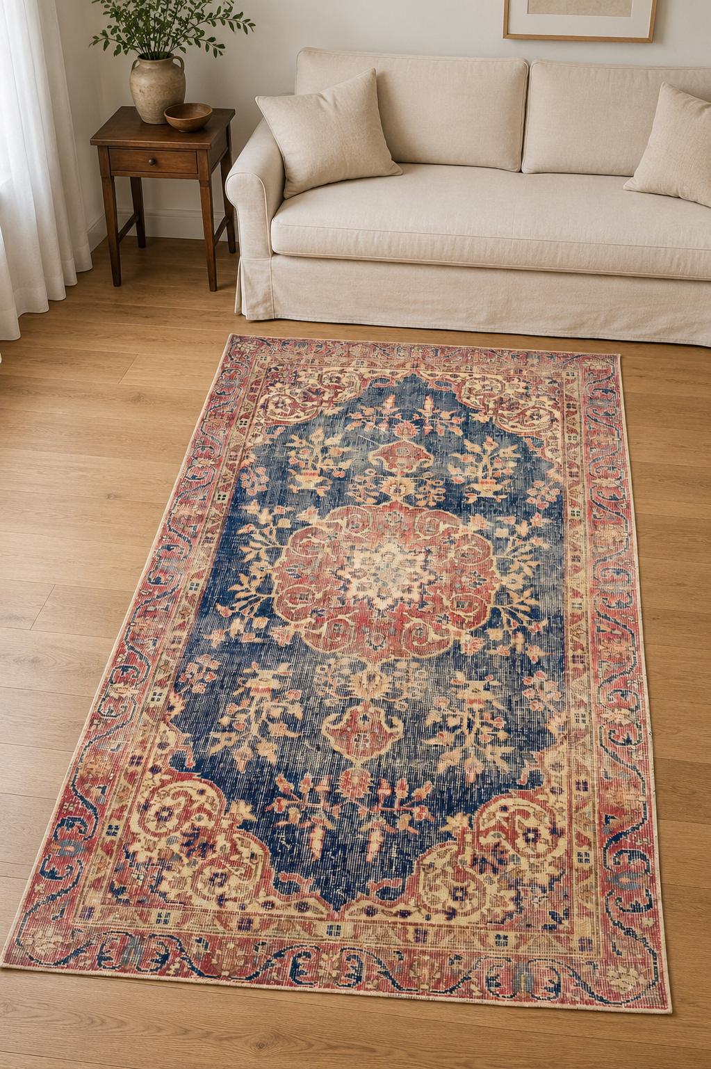 Vintage Turkish Area Rug, 3.6x6.6 ft, Navy Red Cream Floral Medallion