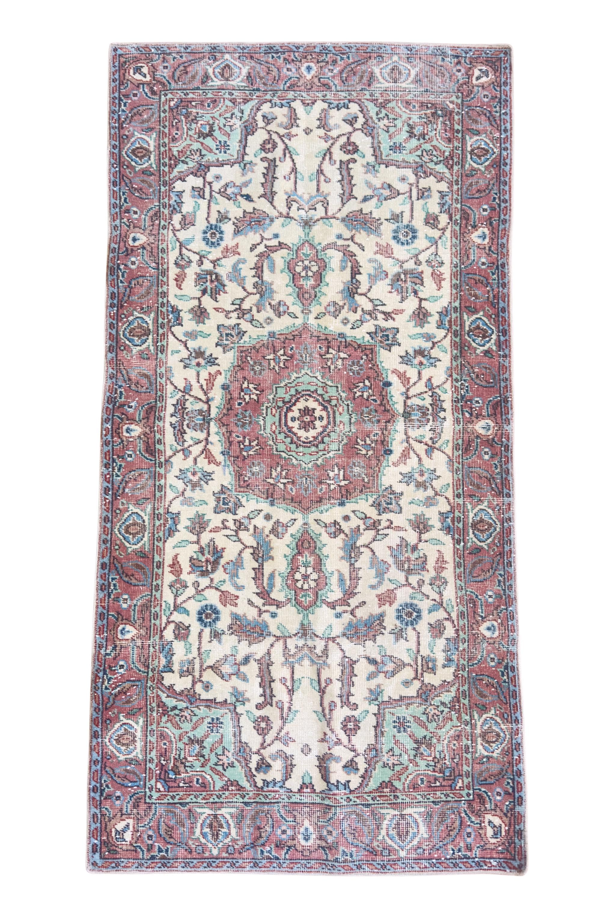Vintage Turkish Rug, 3x6 Hand Knotted Wool, Dusty Rose Floral Medallion, Victorian Entryway Rug – view 6