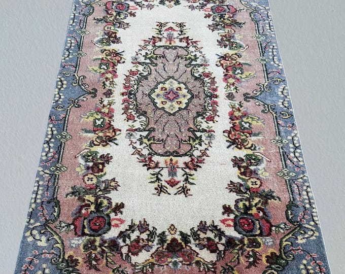 Vintage Turkish Wool Rug: Gray Pink Floral Oushak, 4x7 Boho Area Rug