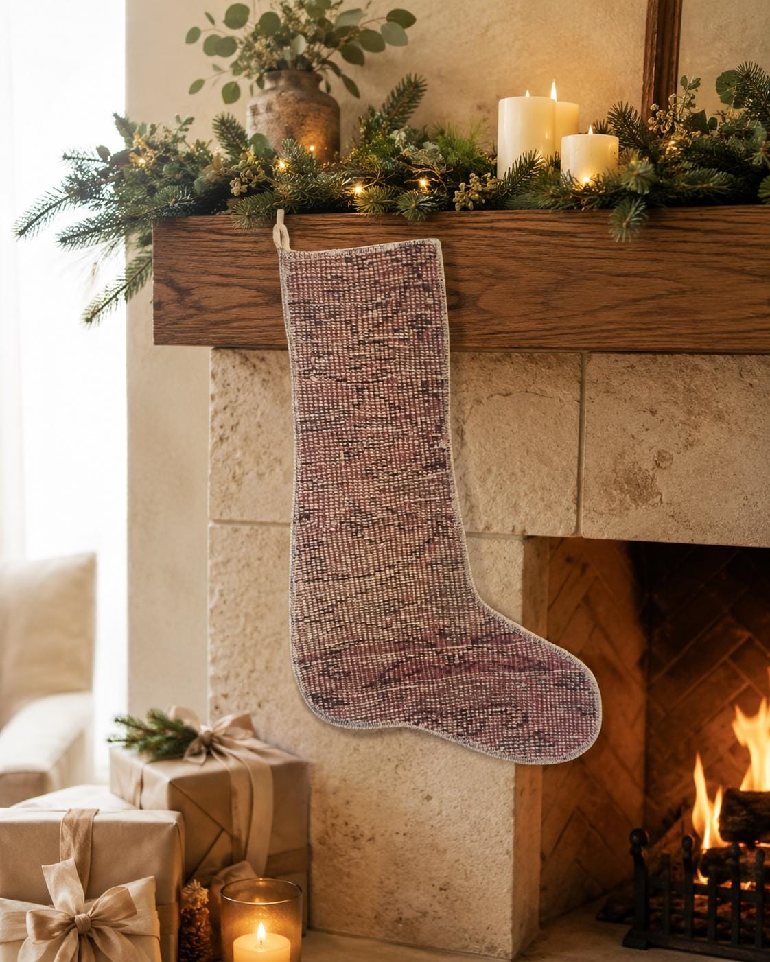 Turkish Rug Christmas Stocking, Handmade Vintage Anatolian Wool, Boho Fireplace Decor, Mauve, Rustic Gift
