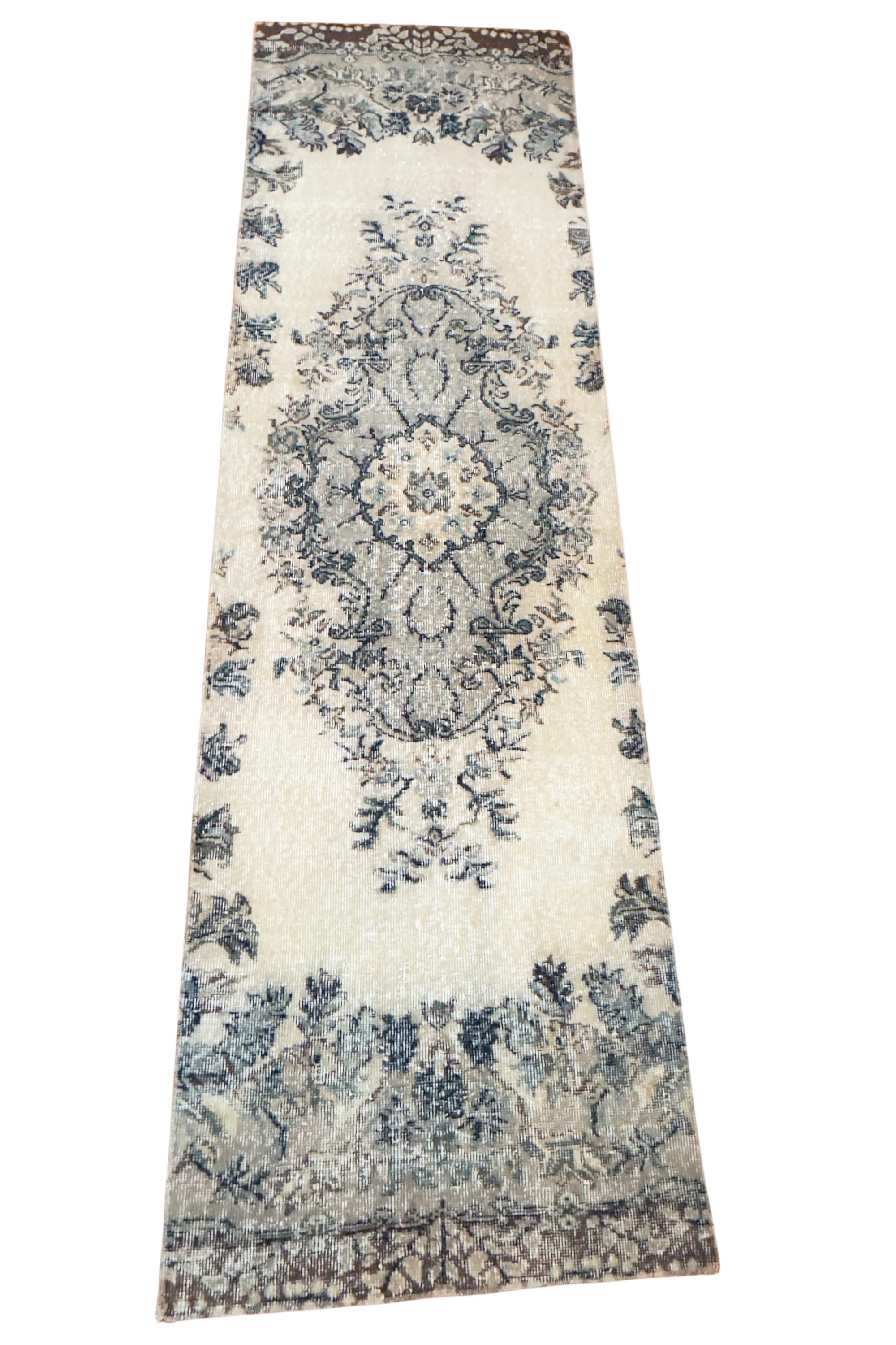 Vintage Turkish Runner Rug, Hand-Knotted Wool Floral Medallion, Faded Slate Blue Ivory, 2.8x9 ft – view 14