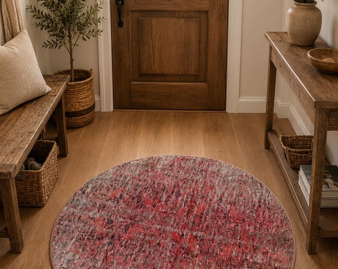 Round Area Rug, Vintage Isparta Handwoven Wool Circle, Distressed Abstract Crimson Red, 3.9 ft