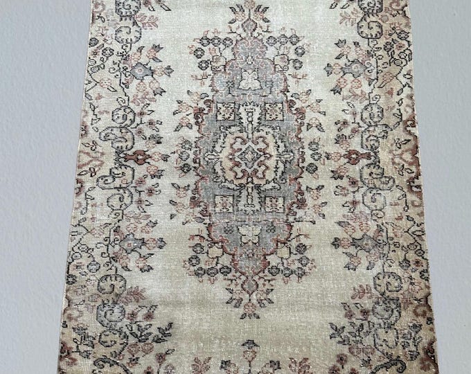 Handmade Wool Turkish Rug: 3x7 Vintage Faded Area Rug