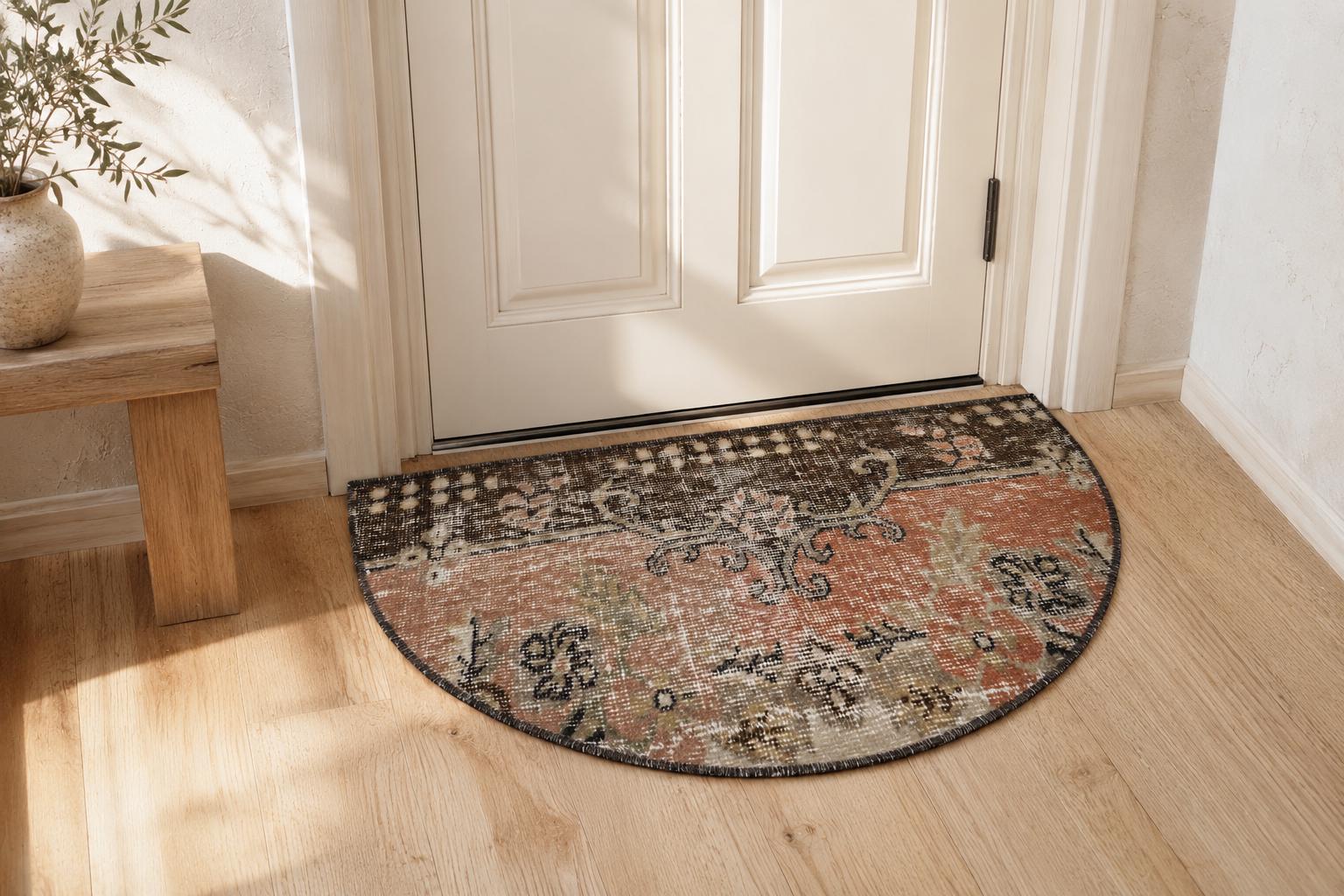 Vintage Turkish Semicircle Rug, Handwoven Wool Floral Vase Medallion, Terracotta Brown, 1.6x2.7 ft