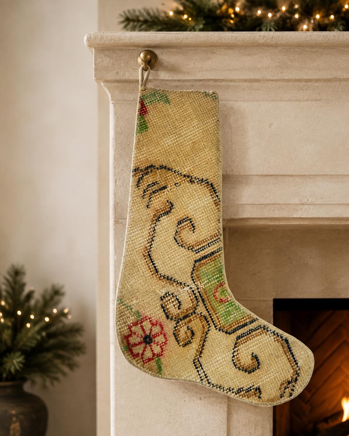 Turkish Rug Christmas Stocking, Handmade Vintage Anatolian Wool, Boho Fireplace Decor, Tan, Rustic Gift