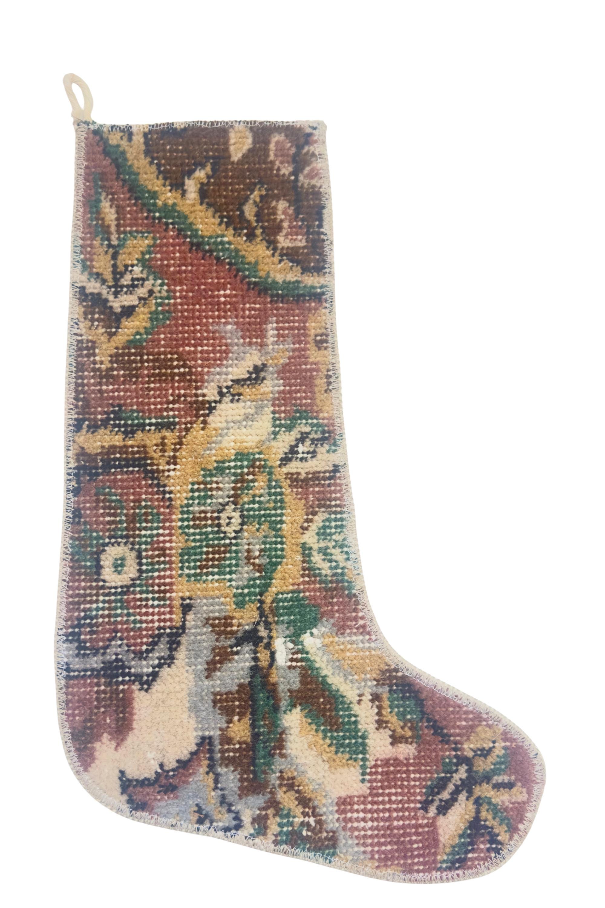 Turkish Rug Christmas Stocking, Handmade Vintage Anatolian Wool, Madder Red Floral, Boho Fireplace Decor – view 7