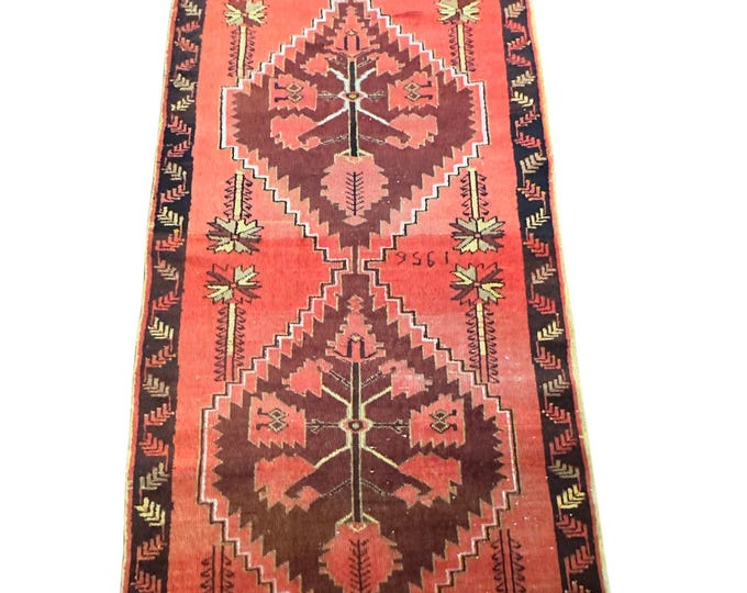 Antique Turkish Tribal Runner, Hand Knotted Wool, Natural Dye, Dated 1956, Elazığ Anatolian, Geometric, 3x9 Vintage