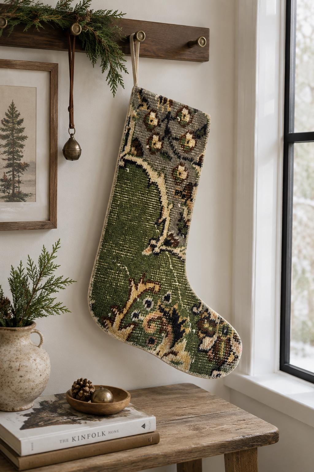 Turkish Rug Christmas Stocking, Handmade Vintage Anatolian Wool, Sage Green, Boho Rustic Fireplace Decor