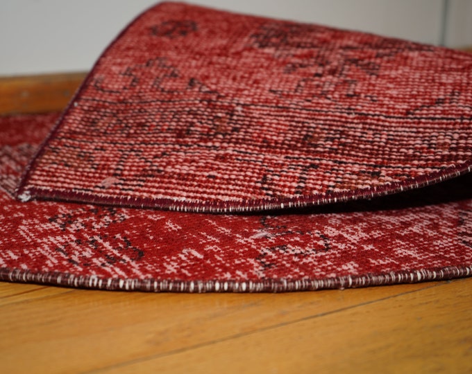 Vintage Red Wool Rug: Handmade Half Circle Turkish Doormat (1.5x2.4 ft)