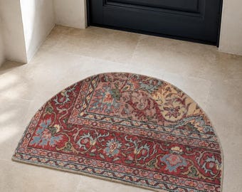 Vintage Turkish Semicircle Rug, Hand-Knotted Wool Floral Medallion, Red Pink Blue, 1.7x2.8 ft