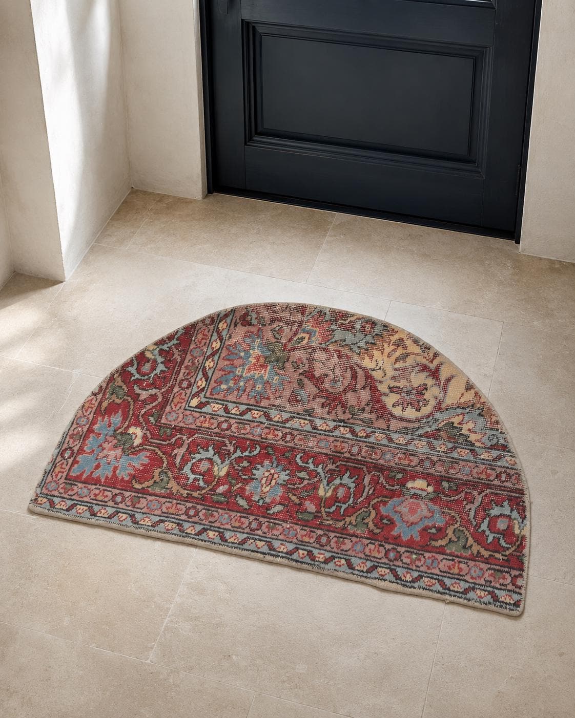Vintage Turkish Semicircle Rug, Hand-Knotted Wool Floral Medallion, Red Pink Blue, 1.7x2.8 ft