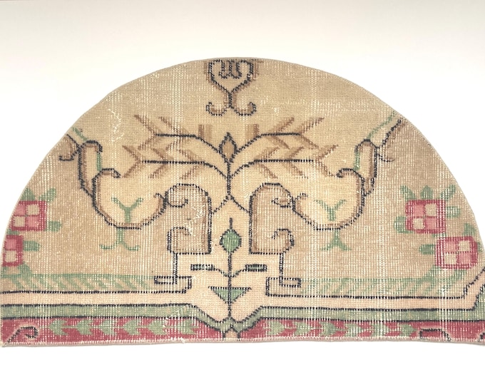 19x33 Inch Vintage Semicircle Rug Turkish Wool Entryway Mat