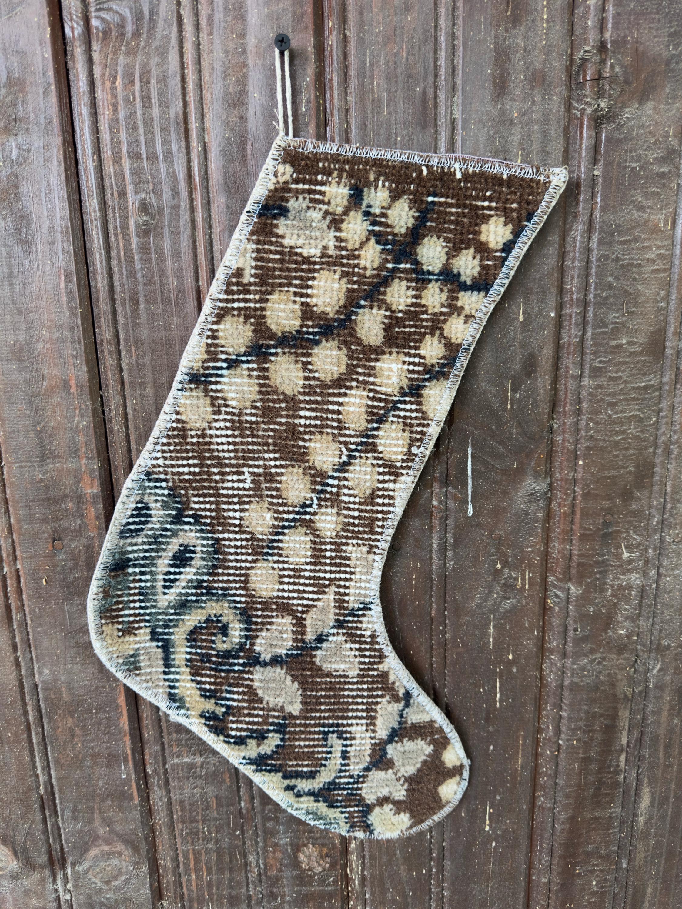 Christmas Stocking, Vintage Turkish Rug, Vine Pattern Brown Cream Navy, 15 in in cream, brown, navy, central motif detail