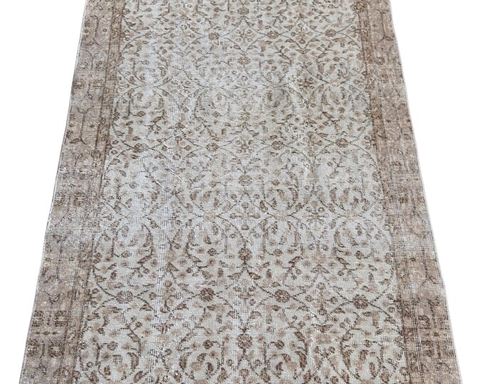 Vintage Turkish Isparta Rug, Hand Knotted Wool, Heavily Distressed Ivory Taupe Allover Vine, Neutral