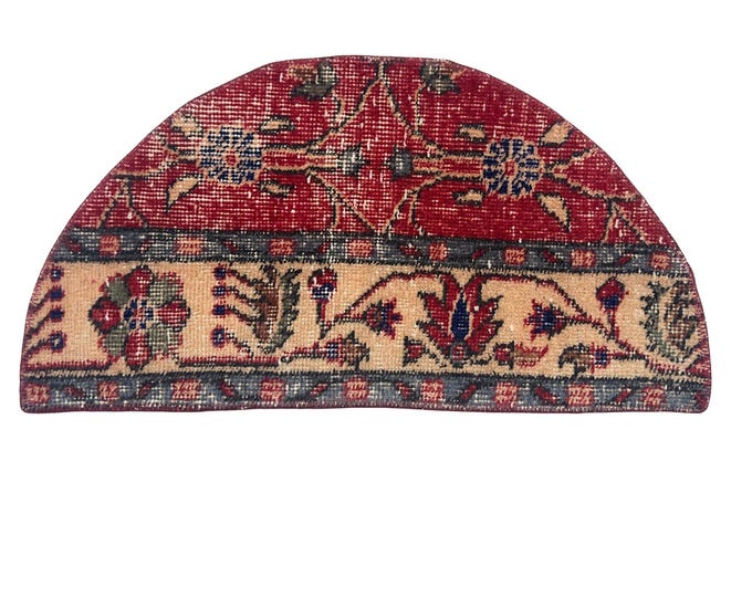 Vintage Hand-Knotted Wool Semicircle Rug, Distressed Burgundy Red Floral Half Moon Doormat, 2.3x1.2 ft