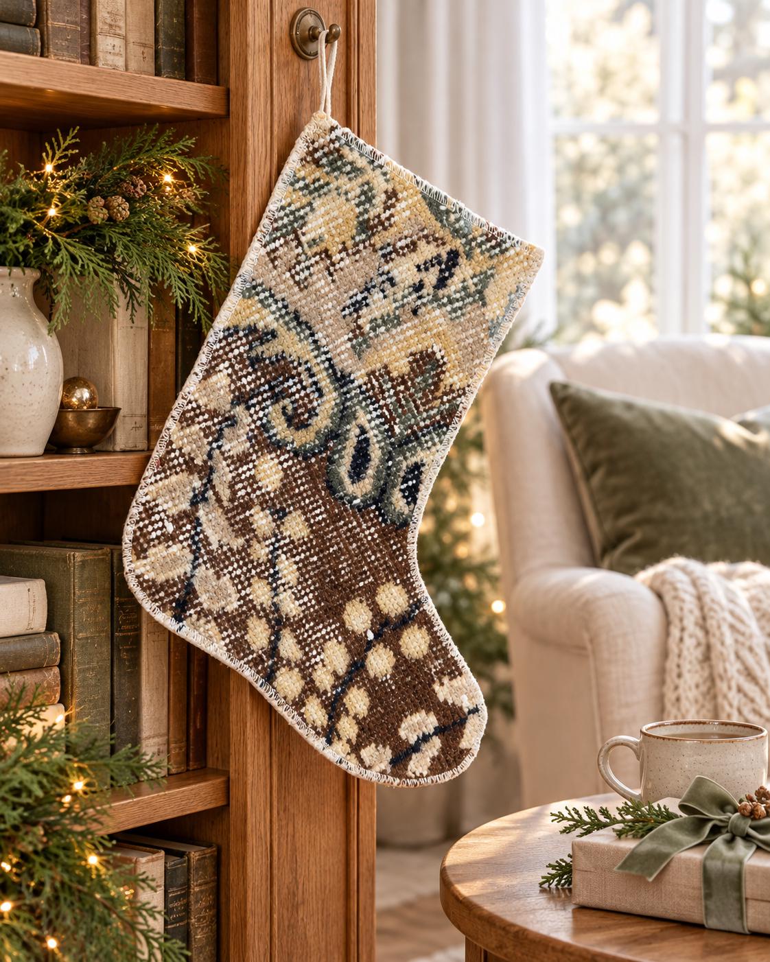 Christmas Stocking, Vintage Turkish Rug, Scroll Pattern Brown Cream Sage Navy, 13 in in cream, brown, navy, sage, right-side pattern detail