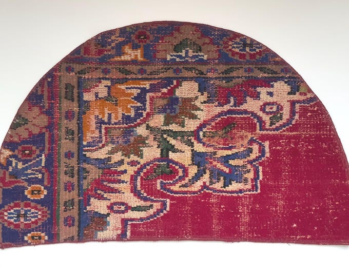 Vintage Half Moon Rug 20.8x33.8 inch Red Floral
