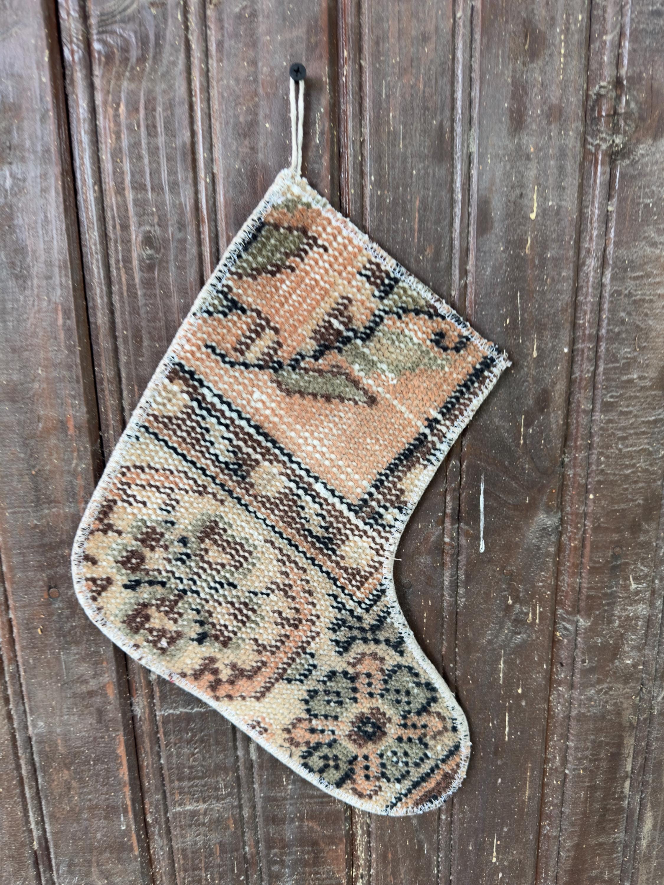 Vintage Turkish Rug Christmas Stocking, Peach Olive Tan Floral Medallion, Brown Black, 11.0x12.2 in – view 5
