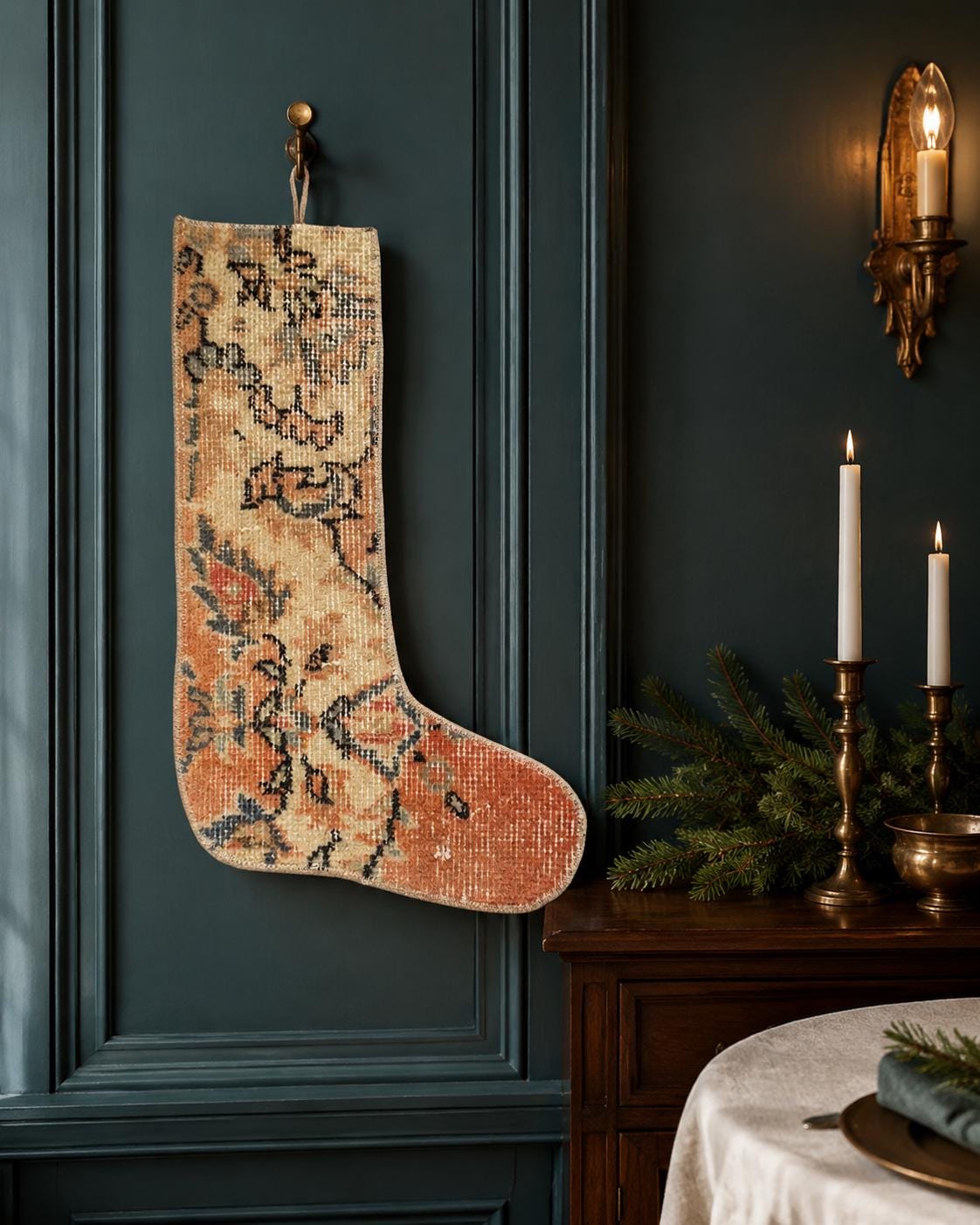 Turkish Rug Christmas Stocking, Handmade Vintage Anatolian Wool, Boho Fireplace Decor, Terracotta, Rustic Gift
