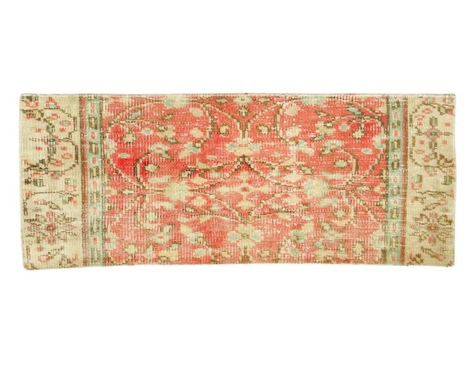 Vintage Turkish Runner Rug 1.8x3.7 ft, Coral Wool Hallway Rug, Handwoven Anatolian Narrow Runner