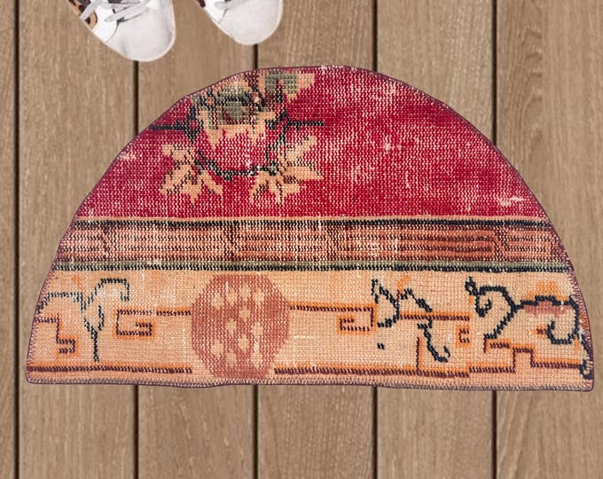 Vintage Hand-Knotted Wool Semicircle Rug, Distressed Red Gold Floral Half Moon Doormat, 1.4x2.5 ft