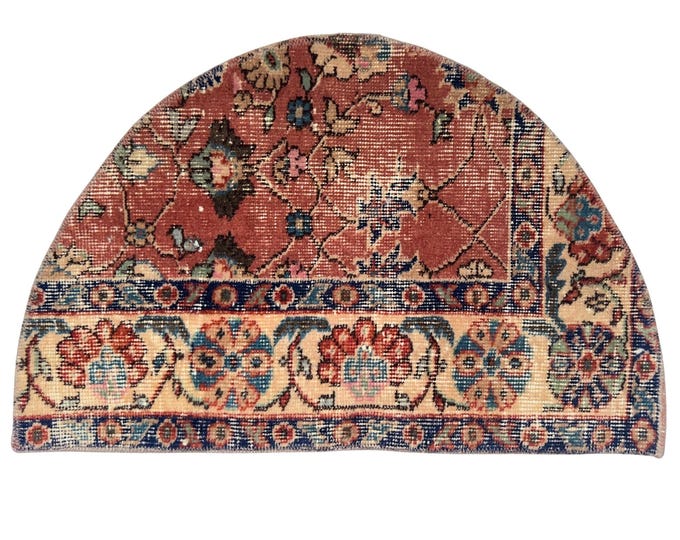 Semicircle Rug Oushak Turkish Vintage Handmade Wool Small Entry Boho Decor