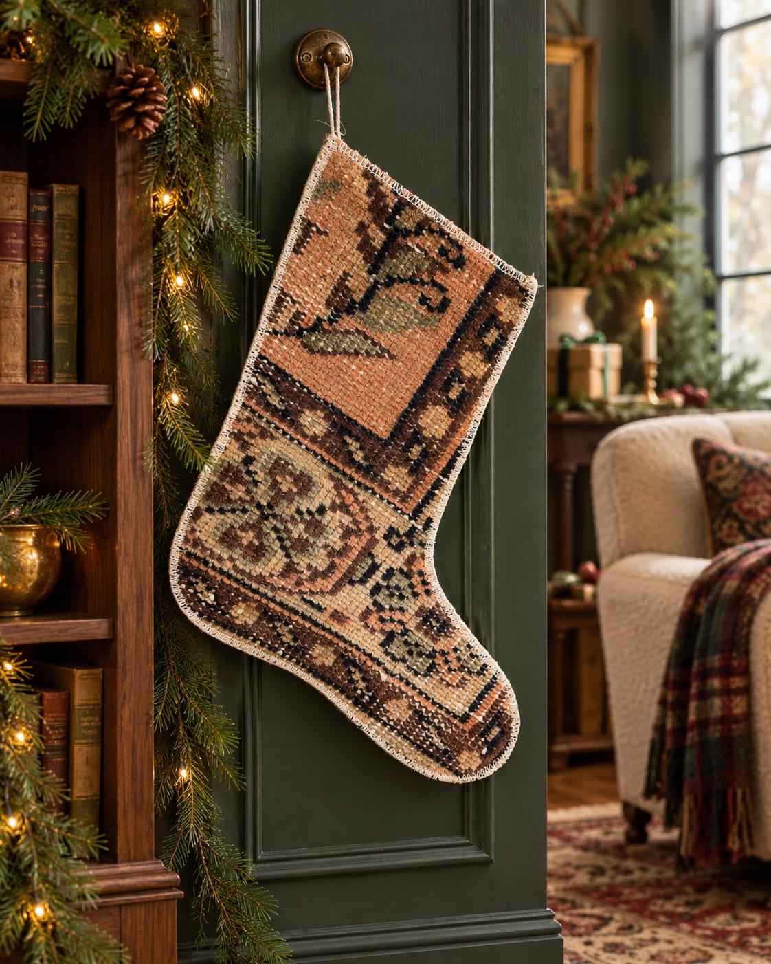 Vintage Turkish Rug Christmas Stocking, Handmade Boho Terracotta Olive Decor, 13x11.8 in