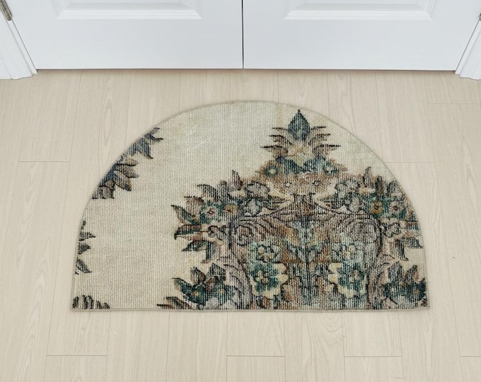 Semicircle Turkish Rug 56x85 cm • Beige Green Vintage Wool Entry Mat • Boho Farmhouse Decor