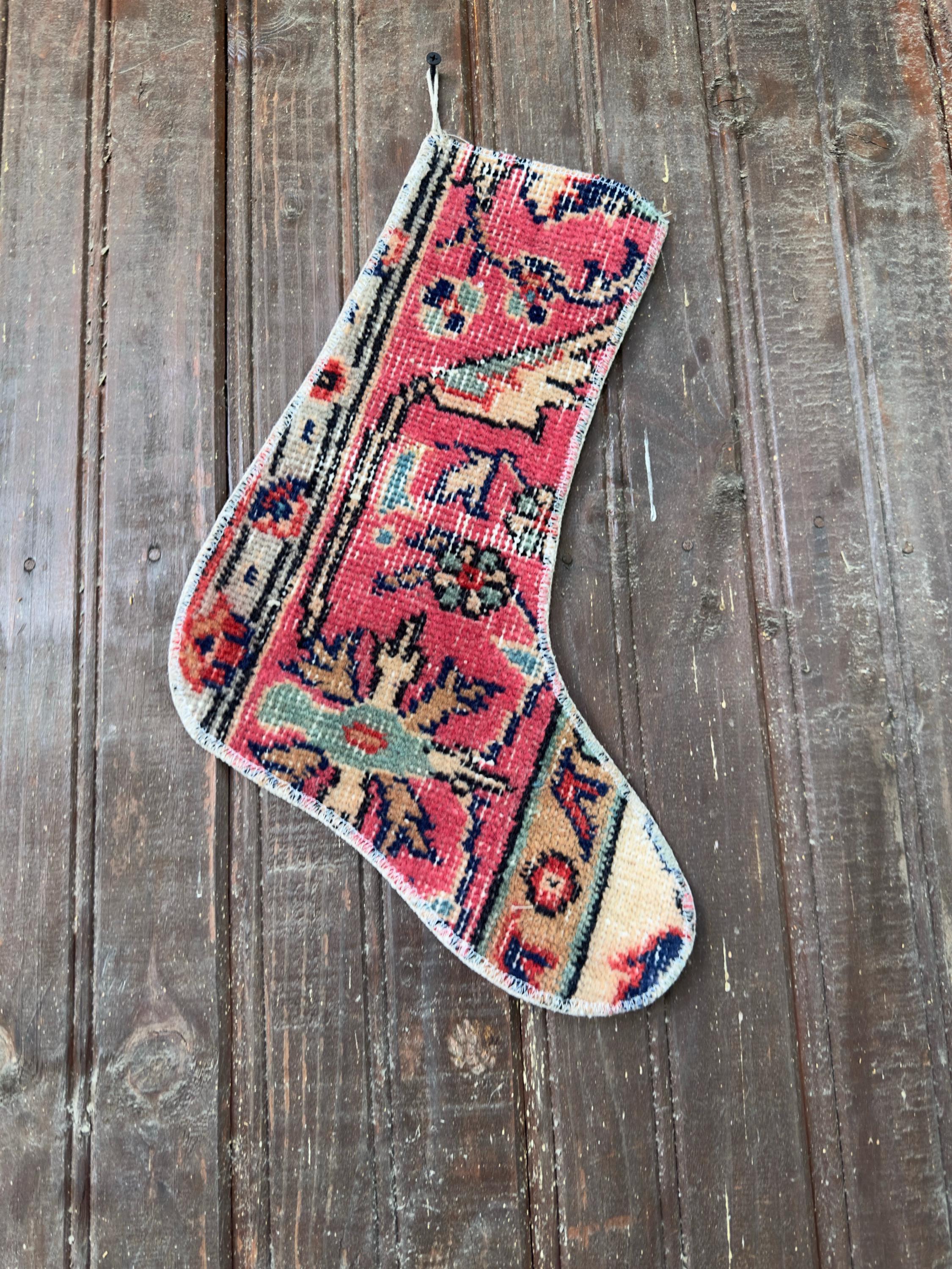Christmas Stocking, Vintage Turkish Rug, Floral Raspberry Pink Ivory Teal, 15 in in ivory, pink, teal, central motif detail