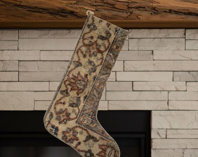 Vintage Turkish Rug Christmas Stocking – Beige Wool Holiday Decor