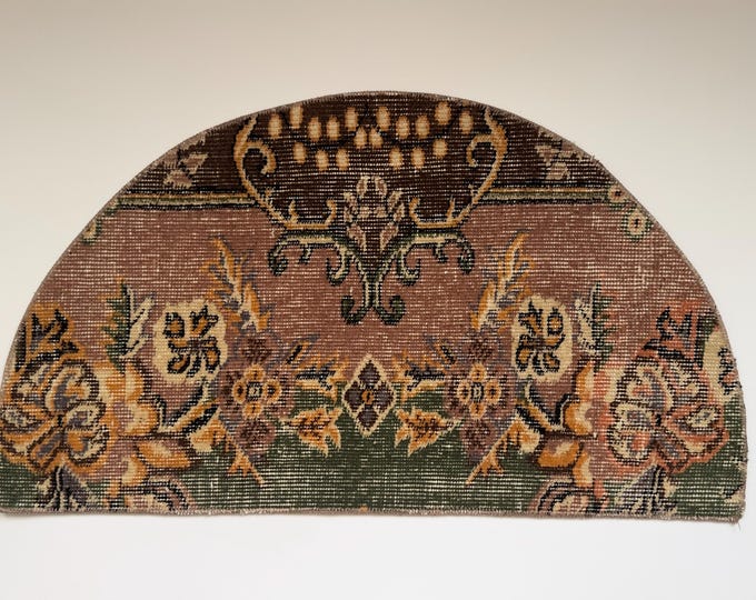 Vintage Half Moon Rug 18.9x33 inch Brown Green Floral