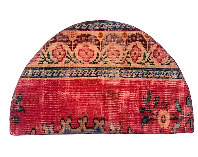 Vintage Hand-Knotted Wool Semicircle Rug, Distressed Red Peach Arabesk Half Moon Doormat, 1.6x2.5 ft