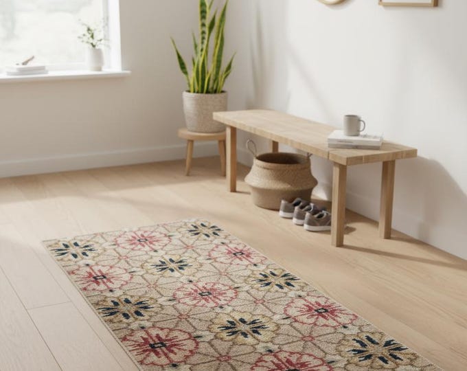 Vintage Turkish Wool Rug: Small Oushak Doormat, Floral Design