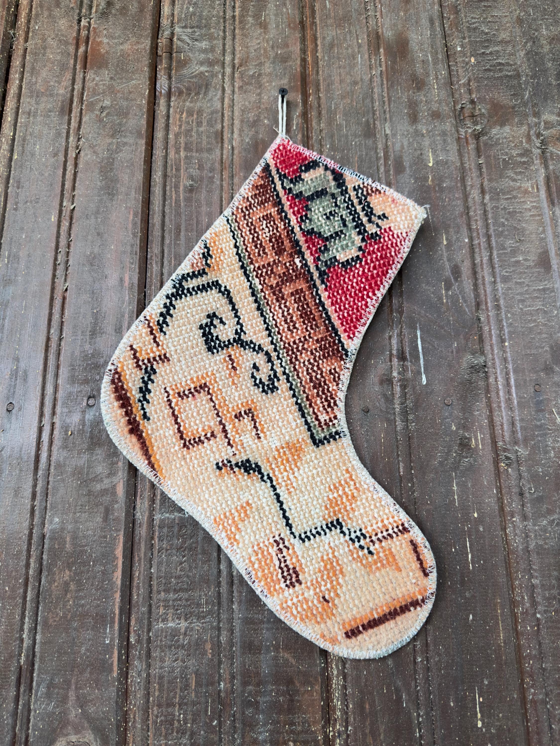 Vintage Turkish Rug Christmas Stocking, Earthy Red Rust Brown, Cream Peach Orange, 11.8x12.2 in – view 4