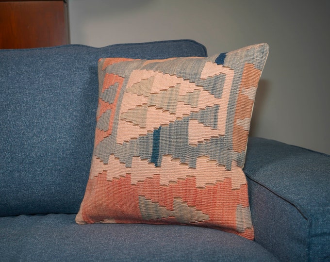 Vintage Kilim Pillow Cover: Handmade Turkish Wool, 16x16