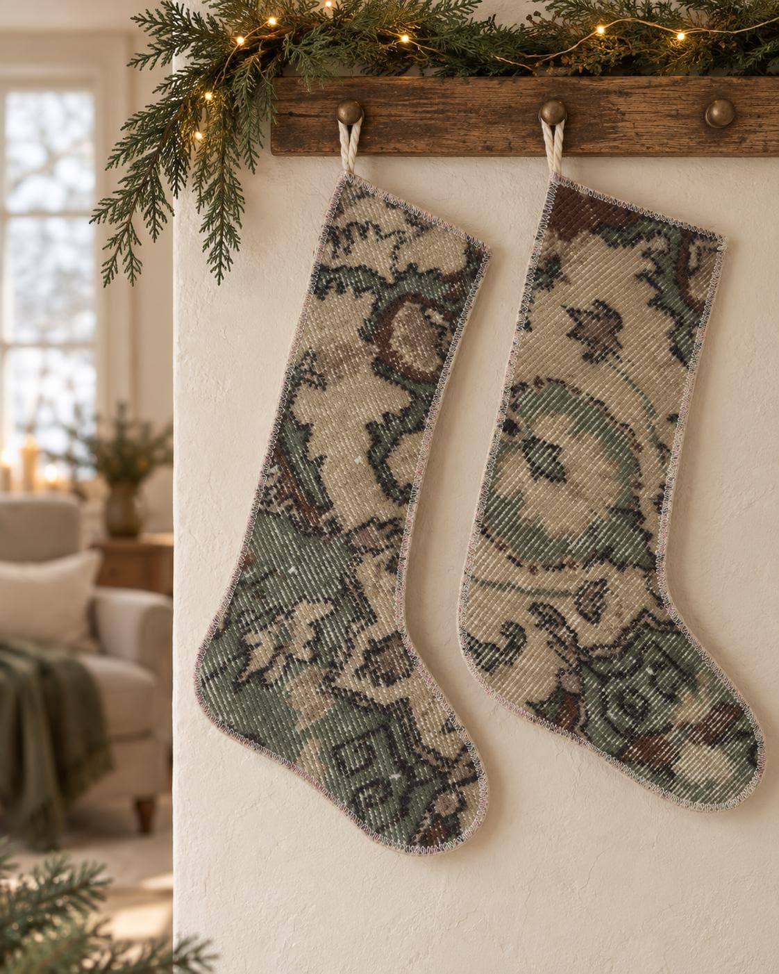 Set of 2 Vintage Turkish Rug Christmas Stockings, Sage Green Cream Boho Decor, Hand-Knotted