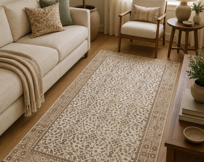 Vintage Turkish Isparta Rug, Handwoven Wool All-Over Floral, Distressed Ivory Brown Beige, 3.4x6.7 ft