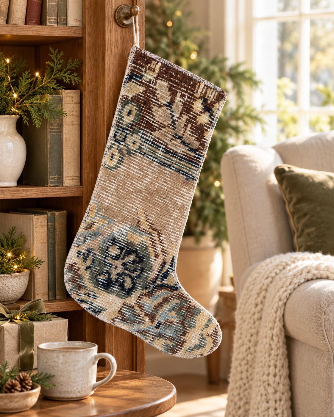 Christmas Stocking, Vintage Turkish Rug, Faded Beige Brown Navy Blue, 17 in in beige, brown, blue, navy, right-side pattern detail