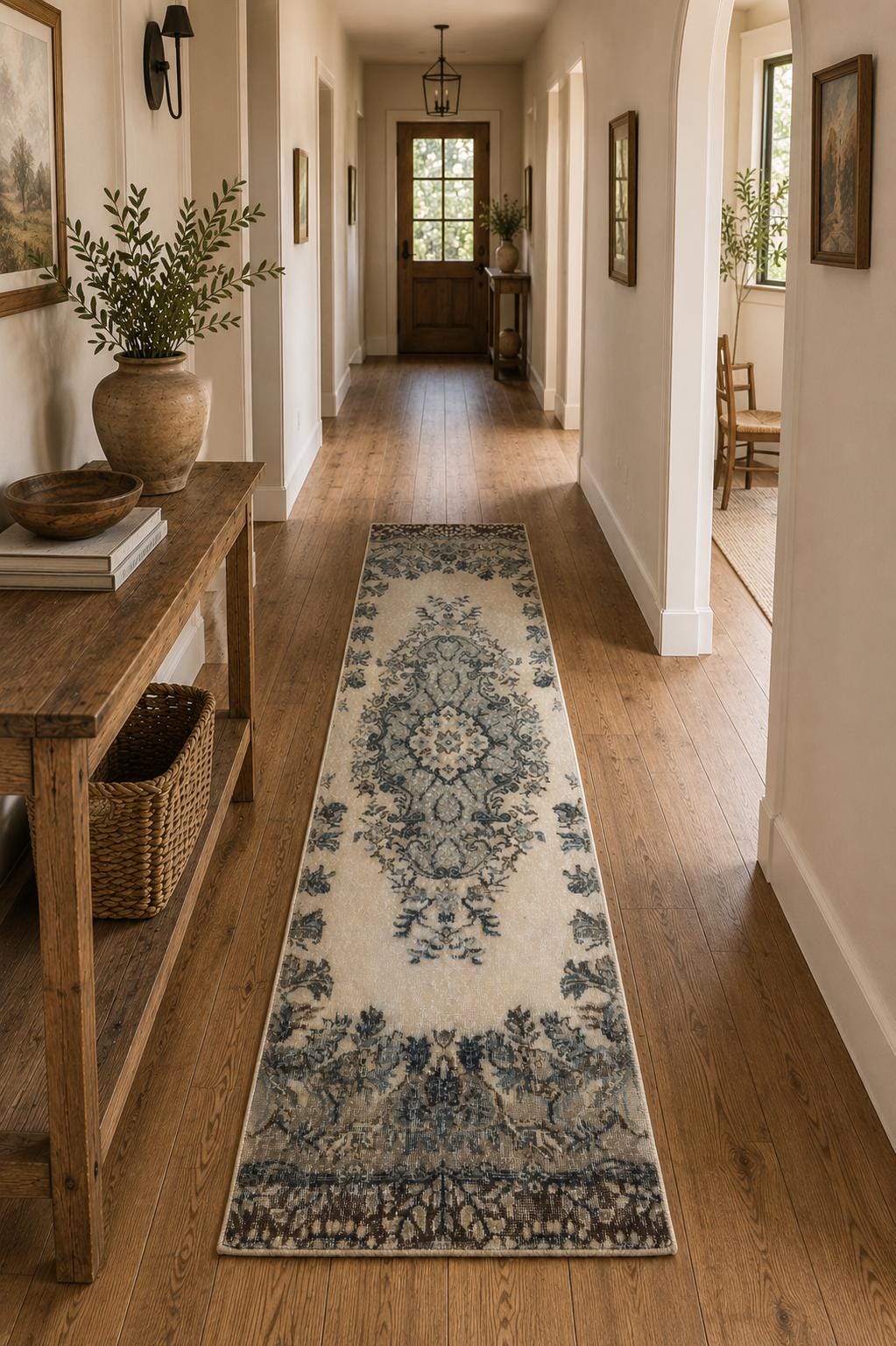 Vintage Turkish Runner Rug, Hand-Knotted Wool Floral Medallion, Faded Slate Blue Ivory, 2.8x9 ft – view 3