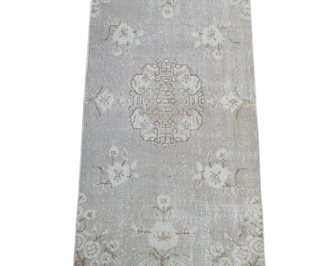 Vintage Turkish Hand-Knotted Runner Rug 2.5x6.9 ft | Distressed Grey Stone Medallion Wool Hallway Carpet | Handmade Anatolian Ghost Floral
