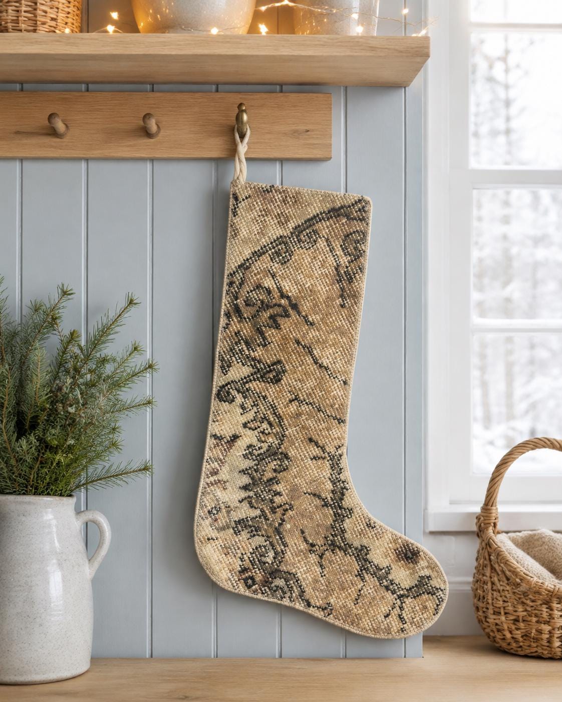 Turkish Rug Christmas Stocking, Handmade Vintage Anatolian Wool, Boho Fireplace Decor, Tan, Rustic Gift