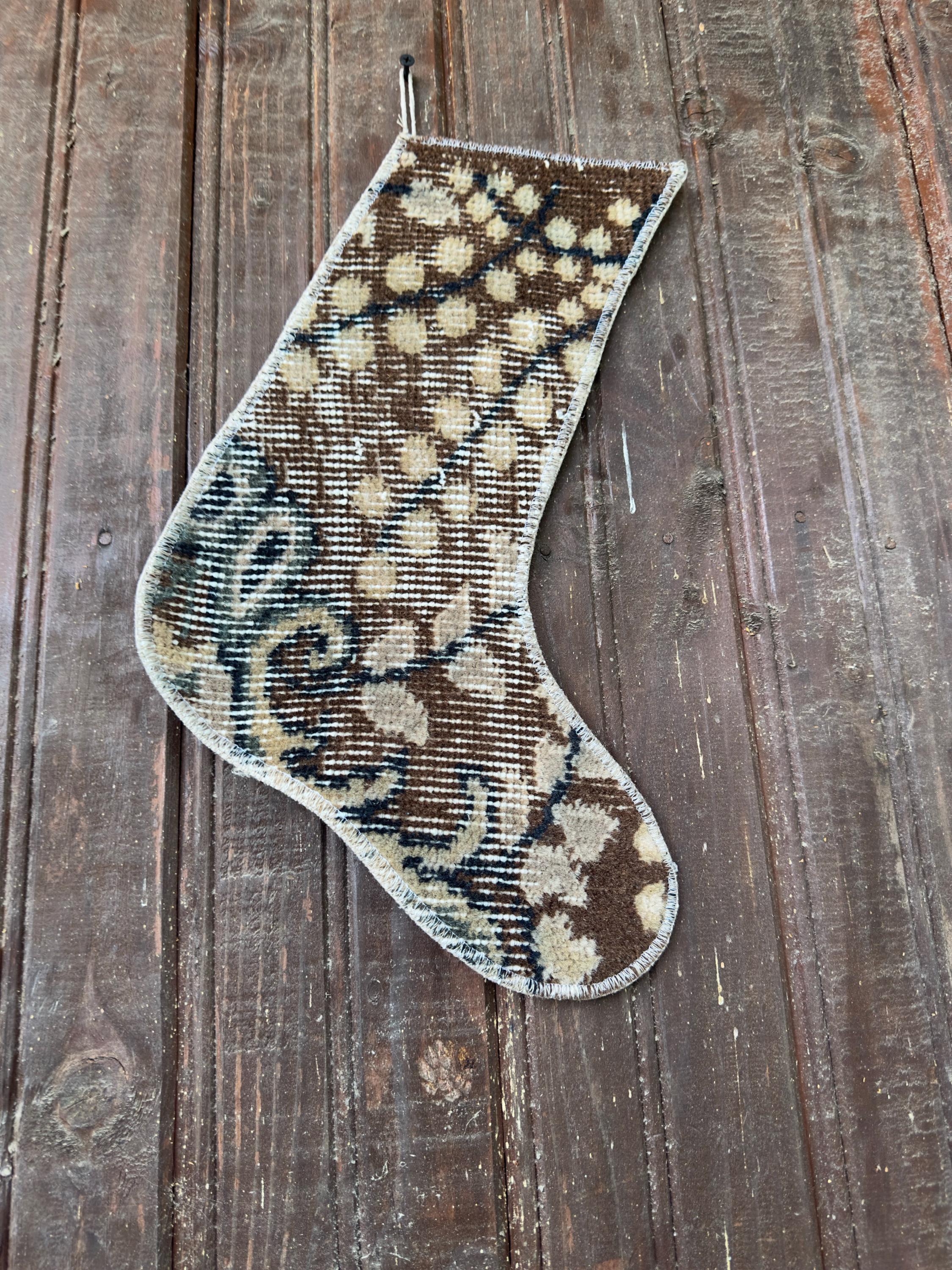 Christmas Stocking, Vintage Turkish Rug, Vine Pattern Brown Cream Navy, 15 in in cream, brown, navy, left-side pattern detail