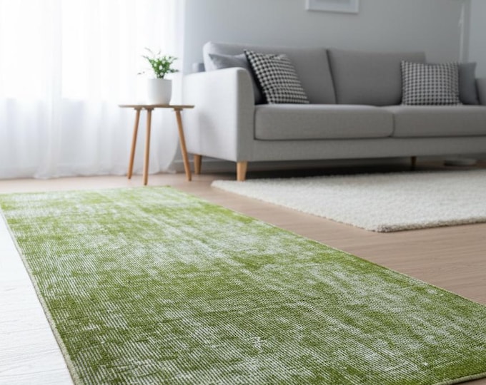 Olive Green Vintage Turkish Rug 70x156 cm – Handwoven Wool Overdyed Carpet – Modern Farmhouse & Boho Area Rug