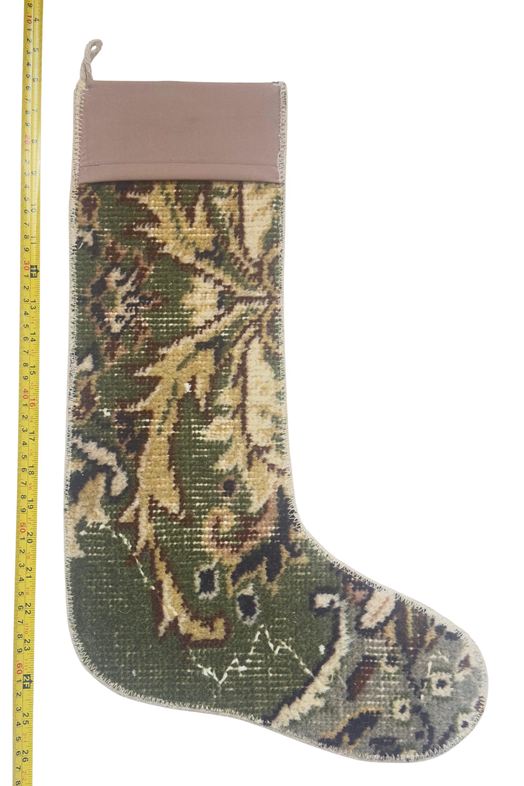 Turkish Rug Christmas Stocking, Vintage Wool Kilim, Forest Green Gold Mauve Boho Fireplace Decor – view 4