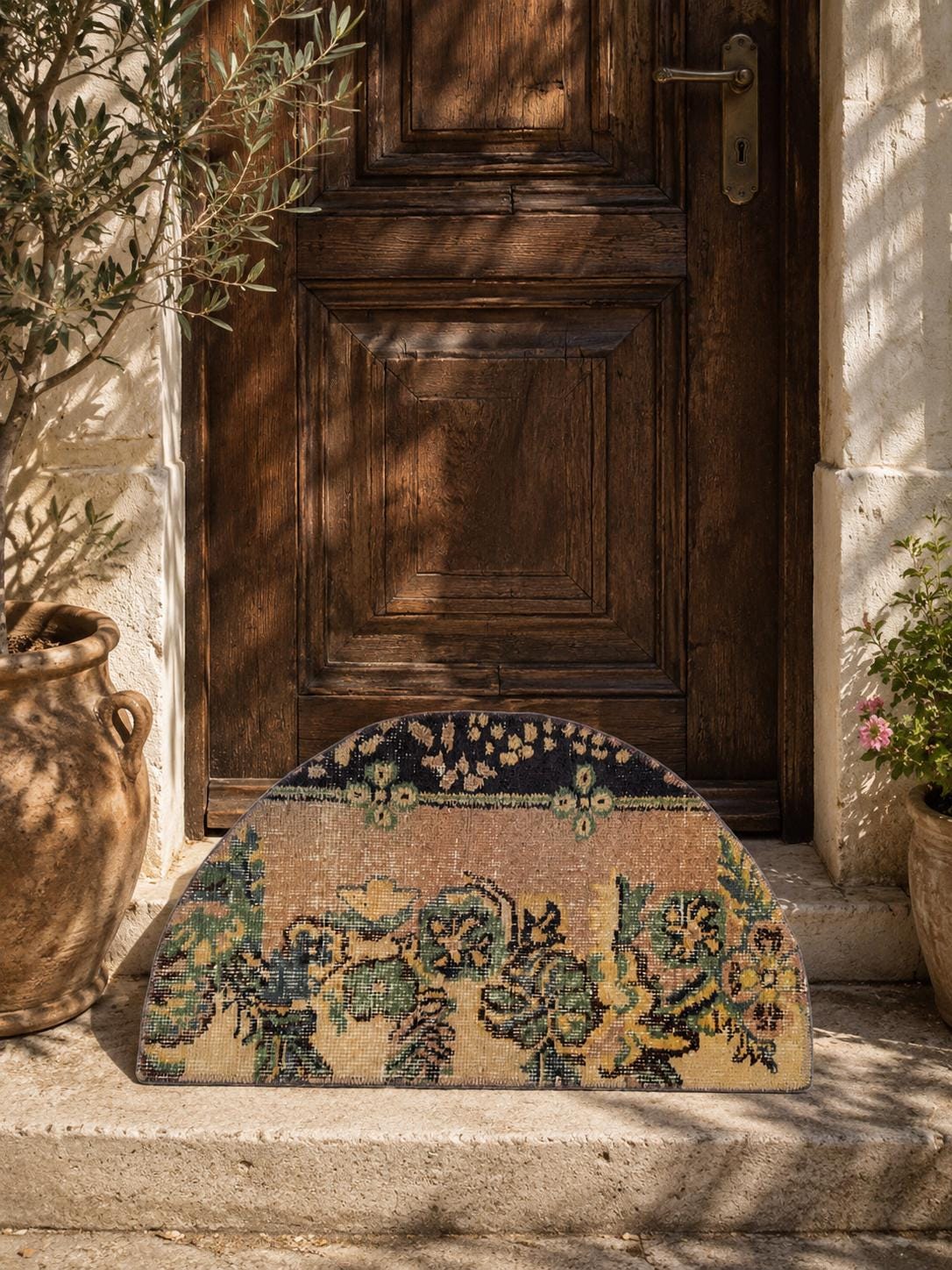 Semicircle Rug, Vintage Turkish Half Moon Rug, Wool Floral, Faded Beige Green, 1.5x2.5 ft – view 4