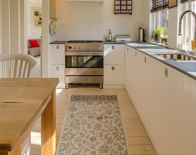 Vintage Turkish Rug 21"x45" – Small Handwoven Wool Runner – 1970s Beige, Pink, Blue Floral Hallway Bath Mat,Decorative Home Gift rug