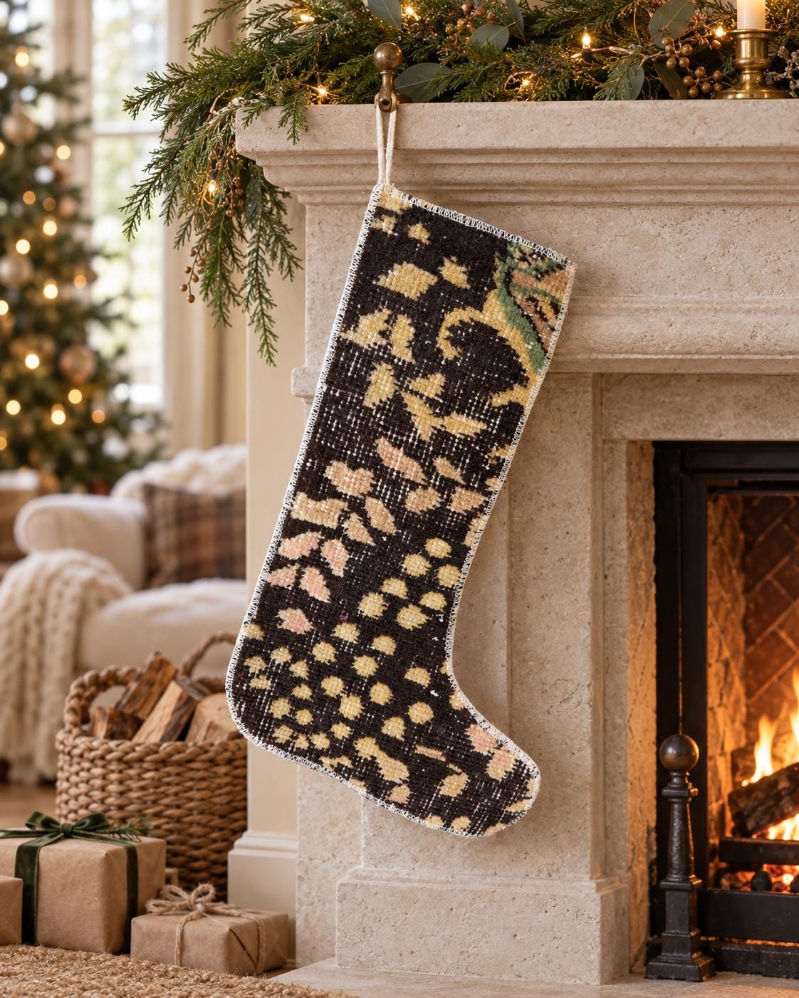 Vintage Turkish Rug Christmas Stocking, Espresso Brown Mustard Gold, Blush Olive Floral, 12.2x18.1 in – view 2