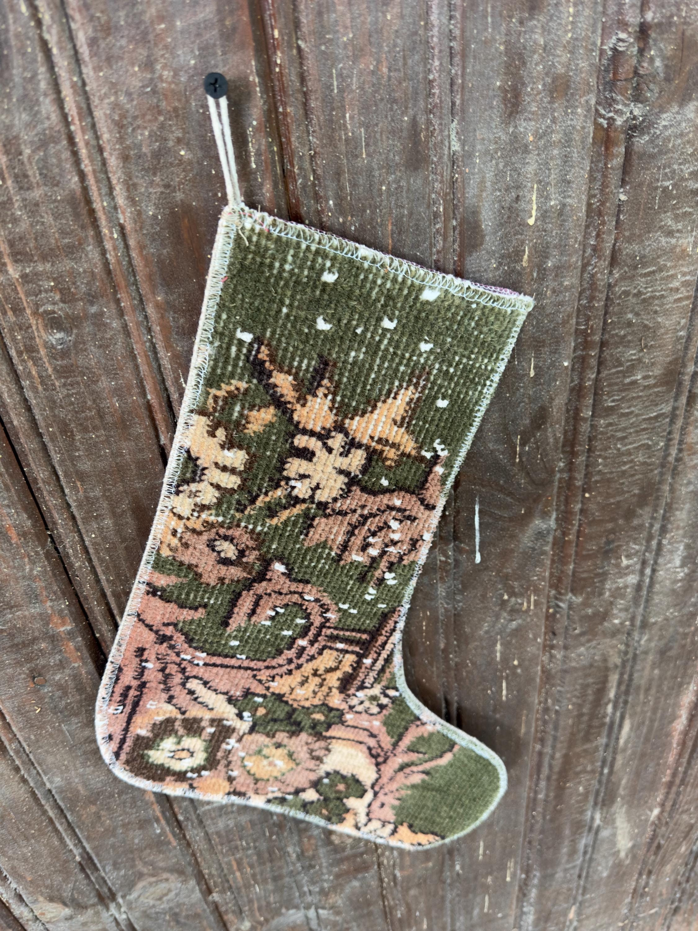 Vintage Turkish Rug Christmas Stocking, Rustic Olive Green Floral, Terracotta Rose Peach, 12.6x15 in – view 5