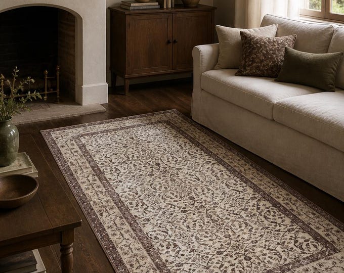 Vintage Turkish Isparta Rug, Hand Knotted Wool, Distressed Ivory Brown Allover Floral, Neutral